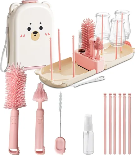 Vista 9 de Kit limpiador de biberones de viaje con estuche de almacenamiento, juego de cepillos compactos 6 en 1 para alimentación infantil, piezas