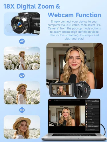 Vista 6 de Cámara Digital, Cámara de Video 4K Camcorder UHD 56MP WiFi para Vlogging, Zoom Digital 18X, Visión Nocturna IR, Cámaras con Pantalla Táctil de 3