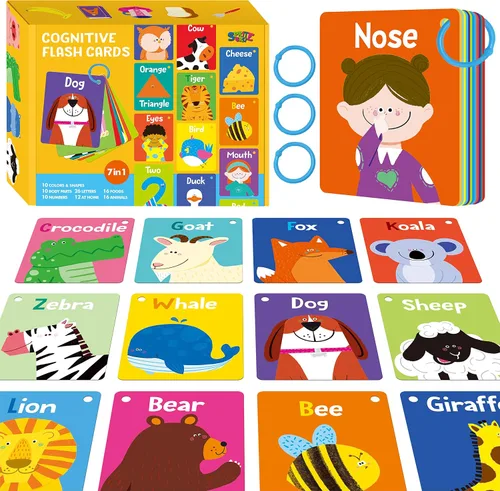 50 tarjetas cognitivas para niños, impresas de doble cara 7 en 1, tarjetas coloridas del alfabeto, números, alimentos, animales, formas, colores con
