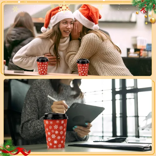 Vista 7 de Maxcheck 100 tazas de Navidad con tapa, taza de café desechables de 12 onzas a granel, papel de pared ondulado aislado para decoración de fiestas