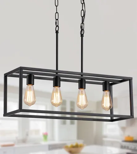 Vista 11 de AMZASA Luces Rectangulares Negras para Isla de Cocina Candelabro Industrial Rectangular Moderno para Comedor 5 Luces Lineales Vintage con Jaula