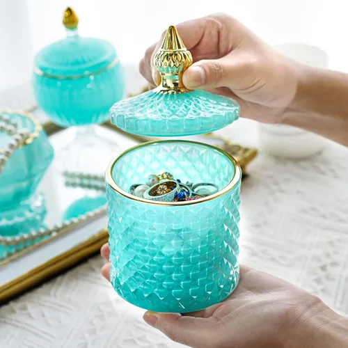 Vista 5 de Joyero de cristal azul con tapa, tarro de caramelo de cristal, tarro de cristal para bufé de dulces de boda, tarros de boticario de cristal