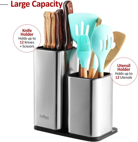 Vista 3 de Knife Holder and Utensil Holder - Stainless-Steel Modern Rectangular Design Universal Knife Block and Kitchen Utensils Organizer for Counter-top
