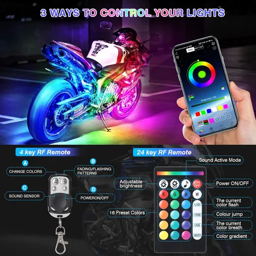 Vista 2 de 8 piezas de luces LED RGB para motocicletas para Harley Davidson Kawasaki Suzuki Yamaha Golf Cart, kit de luces LED multicolor impermeables de 12V