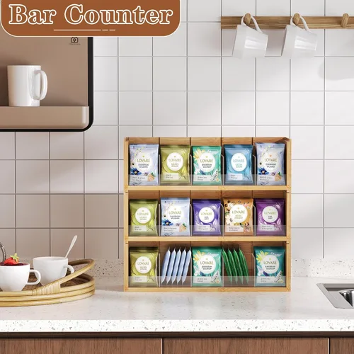 Vista 5 de X-cosrack Caja de almacenamiento organizadora de bolsas de té de bambú, caja de té apilable de 3 niveles, madera natural, cofres de té de montaje