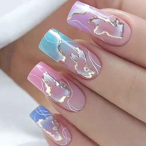 Vista 7 de Uñas postizas cuadradas cortas, acrílicas artificiales con diseño de flores onduladas azules, cobertura completa, reutilizables, estilo ataúd