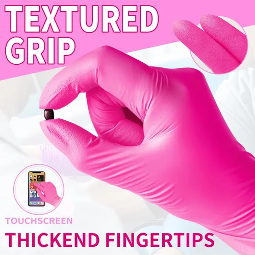 Vista 4 de FINITEX Nitrile Disposable Latex-Free 3.5mil Cleaning Food Cooking Gloves Rosa roja (grande 100)