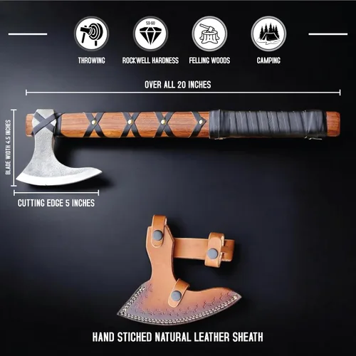 Vista 9 de Hacha vikinga de Ragnar Lothbrok con mango de madera de rosa - Hacha de caza de acero al carbono de alta forja de hoja afilada, hachas de camping