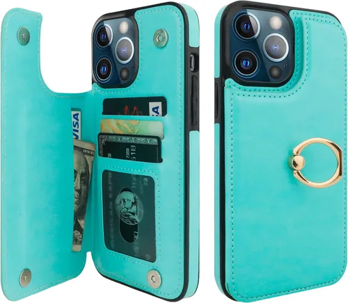 Vista 16 de ONETOP Funda tipo cartera para iPhone 13 Pro Max con soporte para tarjetas, anillo de rotación de 360°, función atril, bloqueo RFID, piel sintética