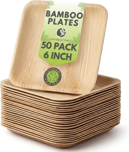 Vista 8 de Small 6 Inch Square Bamboo Plates Disposable - 100 Pack - Biodegradable Palm Leaf Dessert Plates for Appetizers and Cocktail Party - Compostable and