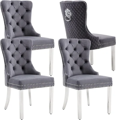 Vista 67 de KCC Juego de 2 sillas de comedor tapizadas de terciopelo, modernas sillas capitoné con botones con anillo de cabeza de león y patas de acero