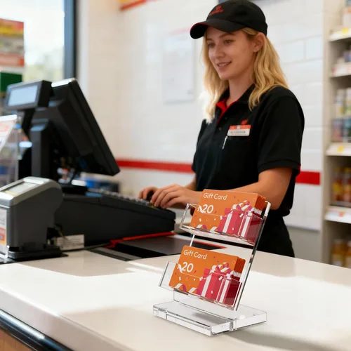 Vista 7 de NIUBEE Tarjetero acrílico con 2 ranuras, soporte para tarjetas de visita de doble capacidad para escritorio, pantalla transparente de 2 niveles