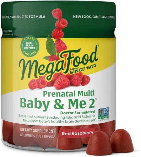 MegaFood Baby & Me 2 Vitaminas prenatales para mujeres gomitas con ácido fólico y colina para el desarrollo cerebral del bebé; además de fruta real,