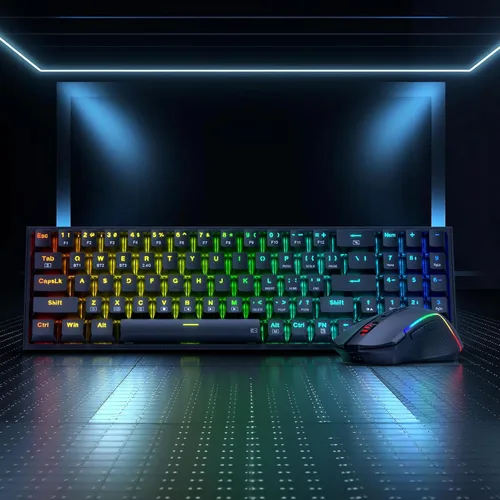 Vista 8 de Redragon S136 Combo de teclado y mouse para videojuegos, teclado mecánico RGB inalámbrico de 75% K628 con modo tri-modo y mouse