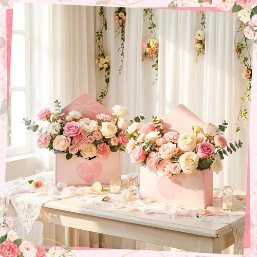 Vista 4 de Geyee 10 cajas sobre para ramo de floristería para el día de la madre, ramo de flores de corazón rosa, bolsas de papel de regalo para arreglos