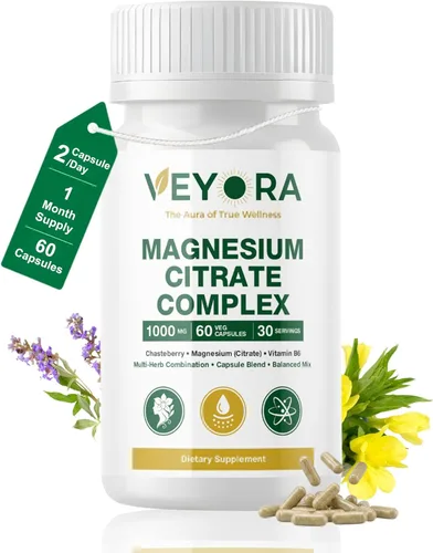 Complejo de citrato de magnesio de 1000 mg | 60 cápsulas veganas | con casteberry y vitamina B6 | Etiqueta limpia a base de plantas | Sin OMG | Sin