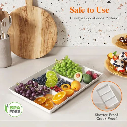 Vista 2 de Lifewit Bandeja de servir dividida para suministros de fiesta, 3 bandejas de plástico de 15 x 10 pulgadas para servir alimentos, bandeja blanca