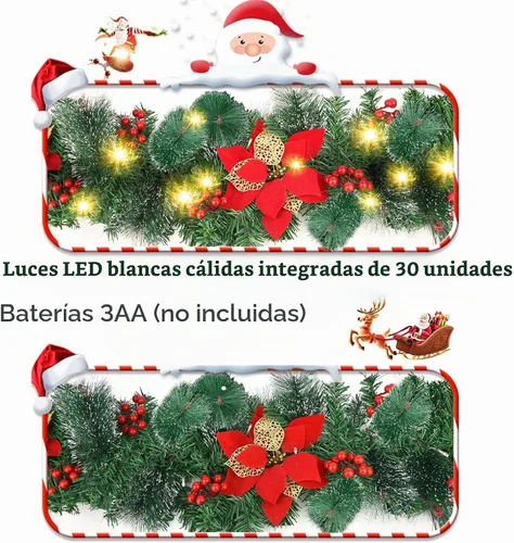Vista 8 de Guirnalda de Navidad, guirnalda de Navidad con luces, decoración de Navidad, flores artificiales de ratán de 9 pies, decoración de Navidad