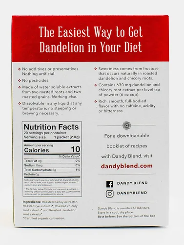 Vista 2 de 20 porciones individuales orgánicas de polvo de bebida herbal instantánea orgánica Dandy Blend con diente de león, caja de 2 oz