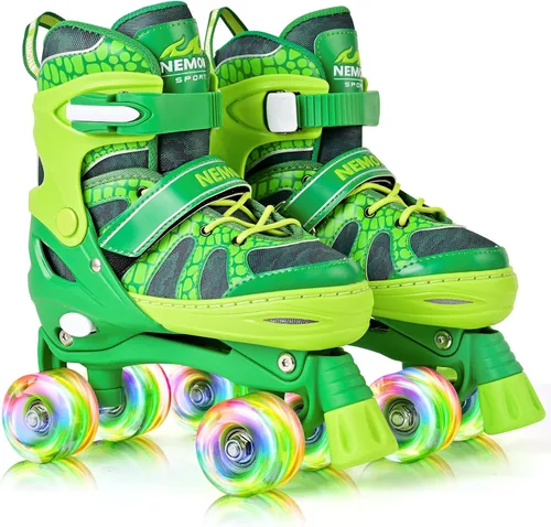 Vista 15 de NEMONE - Patines de sirena con ruedas iluminadas y 4 tamaños ajustables para niñas, azul y morado, para niños pequeños, para principiantes