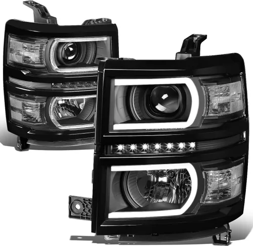 Vista 9 de DNA Motoring HL-LB-CS15-BK-AM Par de faros LED DRL+ U Tube Bar con proyector compatible con Silverado 1500 14-15, Negro/Ámbar