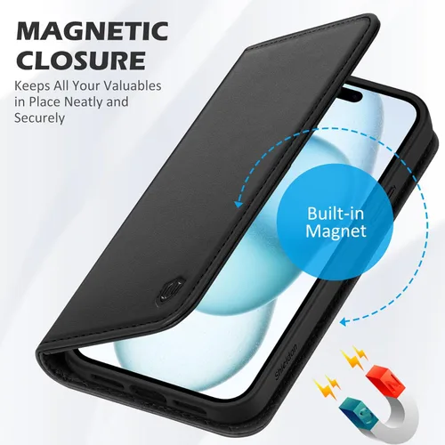 Vista 7 de SHIELDON Funda para iPhone 15 6.1" 2023, Funda Tipo Cartera de Cuero Genuino con [Soporte] [Tarjetero con Bloqueo RFID] [Magnética] Cubierta
