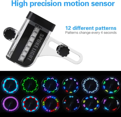 Vista 2 de Luces de rueda de bicicleta, luz LED impermeable para radios de bicicleta, luces de neumáticos de seguridad brillantes con encendido/apagado