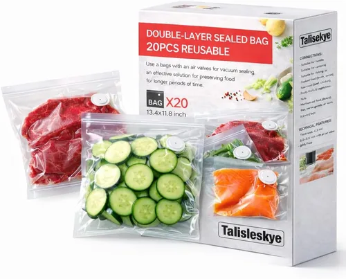 Vista 8 de Bolsas compactas selladoras al vacío, reutilizables con doble cremallera, pequeñas bolsas de almacenamiento al vacío (8.3 x 8.7 pulgadas), 30