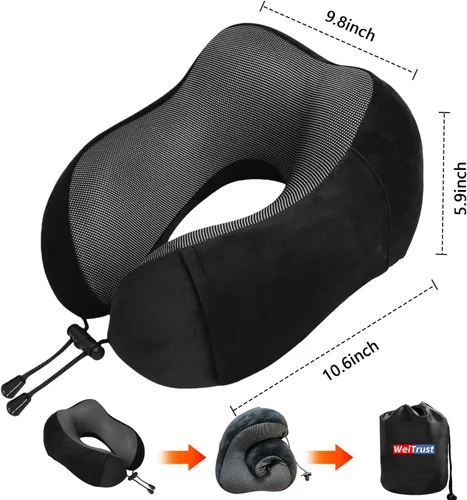 Vista 7 de Almohada de avión, almohada de cuello de viaje con espuma viscoelástica, hebilla ajustable y funda lavable a máquina para soporte de cuello