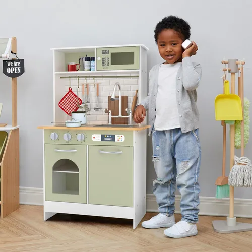 Vista 2 de Teamson Kids Little Chef Juego de cocina de madera – Cocina de simulación verde y blanco para niños con perillas interactivas, puertas y ganchos