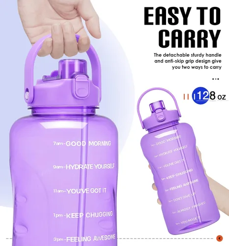 Vista 5 de Botella de agua de un galón con popote, 128 onzas (3.8 L), libre de BPA - Innovadora botella deportiva con tapa 2 en 1 con recordatorios