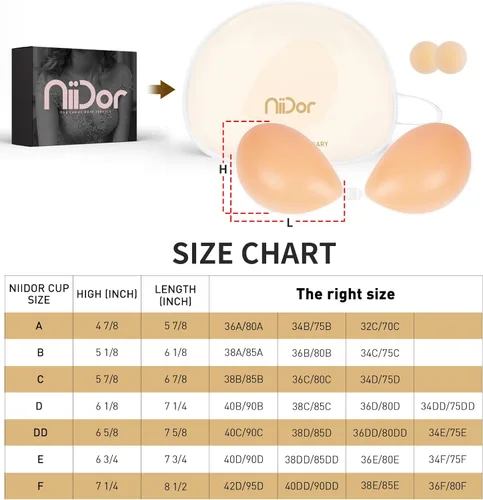 Vista 5 de Nildor - Brasier adhesivo con efecto de realce de silicona sin tirantes para vestido sin espalda, con 2 cubiertas para pezones, color piel