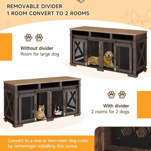 Vista 4 de Mueble de jaula para perros de 71 pulgadas para 2 perros, perrera con 3 cajones de almacenamiento y divisor extraíble, jaula doble extragrande