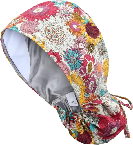 Vista 22 de Gorra médica con forro de satén con bolsillo para cola de caballo, gorro de enfermera médica de algodón con banda elástica para el sudor