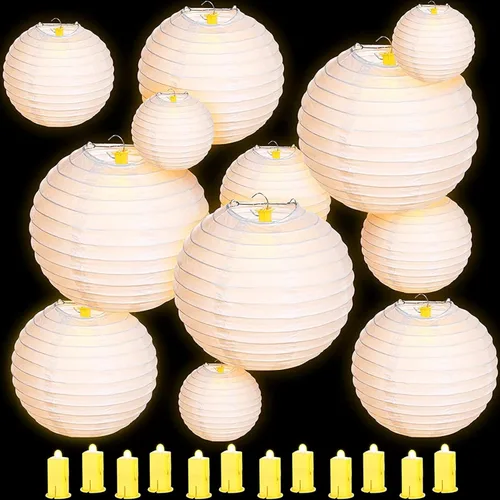 Vista 9 de 12 linternas de papel colgantes blancas de Halloween lámparas redondas de linterna china de 6 8 10 12 pulgadas faroles de papel decorativos