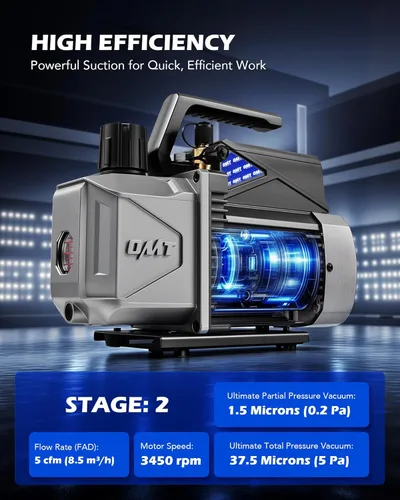 Vista 4 de Orion Motor Tech A2L Bomba de vacío y juego de medidores para aire acondicionado, bomba de vacío de 5 cfm de 2 etapas sin chispas a prueba