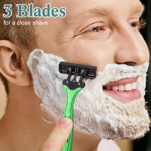 Vista 5 de 32 maquinillas de afeitar desechables para hombre a granel de 3 cuchillas para piel sensible, cómodo afeitado de cabeza, regalos de Pascua