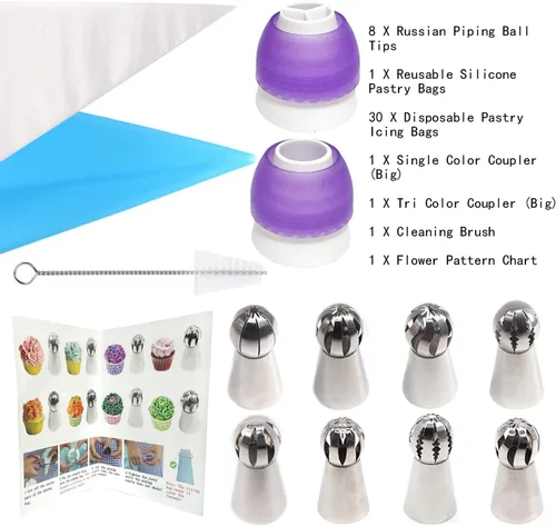 Vista 2 de Conjunto de Puntas de Tubería Rusas para Bolas, 43 Piezas de Bolsas y Puntas de Tubería de Acero Inoxidable, Puntas Grandes de Tubería de Flores