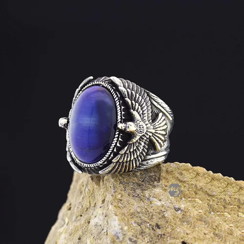 Vista 2 de Anillo de plata de ley 925 maciza con figura de águila ovalada con piedra de ojo de tigre azul