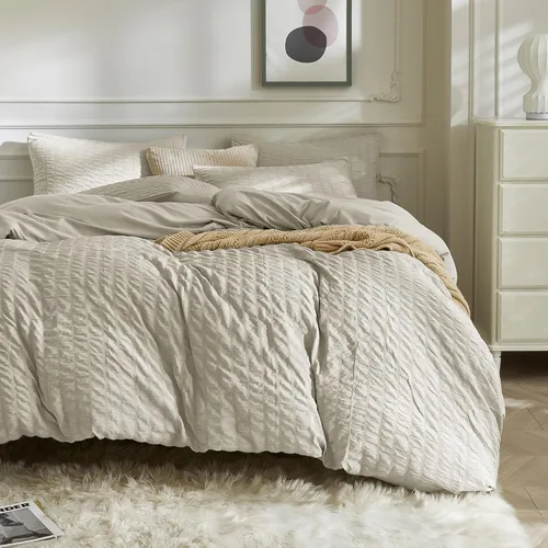 Vista 17 de JELLYMONI Funda de Edredón Color Caqui Tamaño King, Juego de Ropa de Cama de Microfibra Lavada de 3 Piezas, Juego de Funda de Edredón de Seersucker