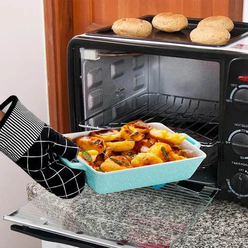 Vista 7 de Okllen Juego de 3 cazuelas para horno, platos de cerámica para hornear con asas, sartén rectangular para lasaña para hornear, asar, gratinar, regalo