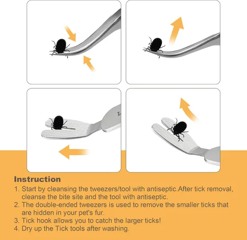 Vista 6 de PAFASON Juego de pinzas de acero inoxidable para eliminar garrapatas de doble cabeza, removedor para perros, gatos y humanos con estuche