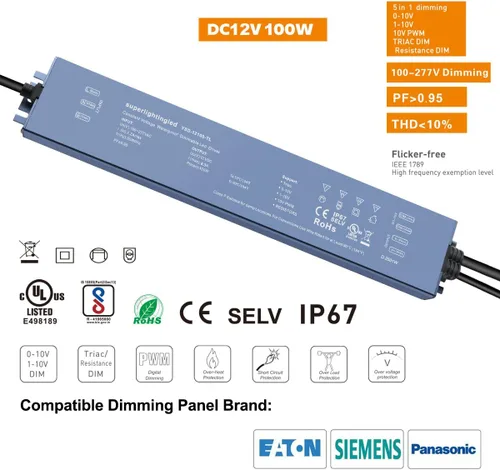 Vista 2 de 12 V CC 100 W con certificación UL 0-10 V y TRIAC regulable impermeable IP67 fuente de alimentación más delgada transformador de bajo voltaje de 110