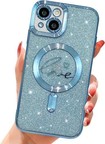 Vista 8 de Funda magnética transparente con purpurina para iPhone 14, compatible con Magsafe, diseño de corazón de amor, chapado de lujo, protector completo