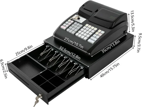 Vista 3 de Caja registradora electrónica de 47 teclas con pantalla LED y cajón de efectivo con cerradura, impresora térmica de carga rápida, compartimento