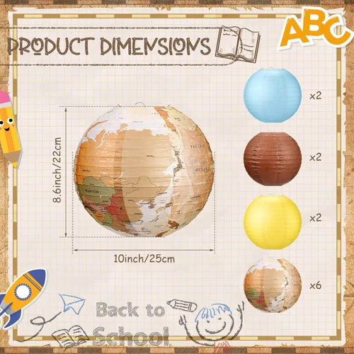 Vista 2 de 12 linternas de papel chinas Travel the Map Adventure Awaits de 10 pulgadas, linternas de papel colgantes multicolor para mapa de viaje, linterna