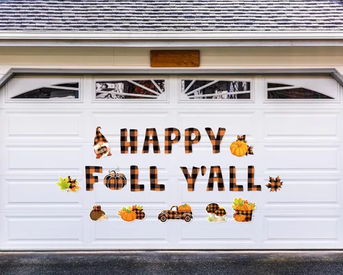 Vista 7 de Whaline 23 calcomanías magnéticas a cuadros para decoración de garaje de otoño, hojas de arce, calabaza, puerta de garaje, calcomanías coloridas