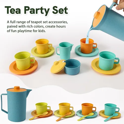 Vista 2 de HERSITY Cesta de pícnic, juguetes para niños pequeños, juegos de té con tetera, taza de té, postre, comida y alfombra, accesorios de cocina, juego