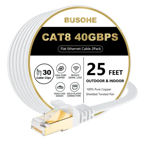 Vista 10 de BUSOHE Cable Ethernet Cat 8 de 1 pie, paquete de 2 unidades, 40 Gbps 2000 MHz, cable plano Cat8 de alta velocidad con conector RJ45 chapado en oro