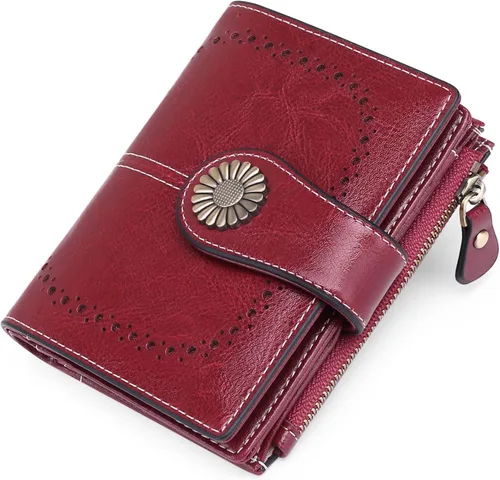 Vista 6 de SENDEFN - Billetera pequeña de piel auténtica para mujer, diseño plegable con ventana para tarjeta de identificación